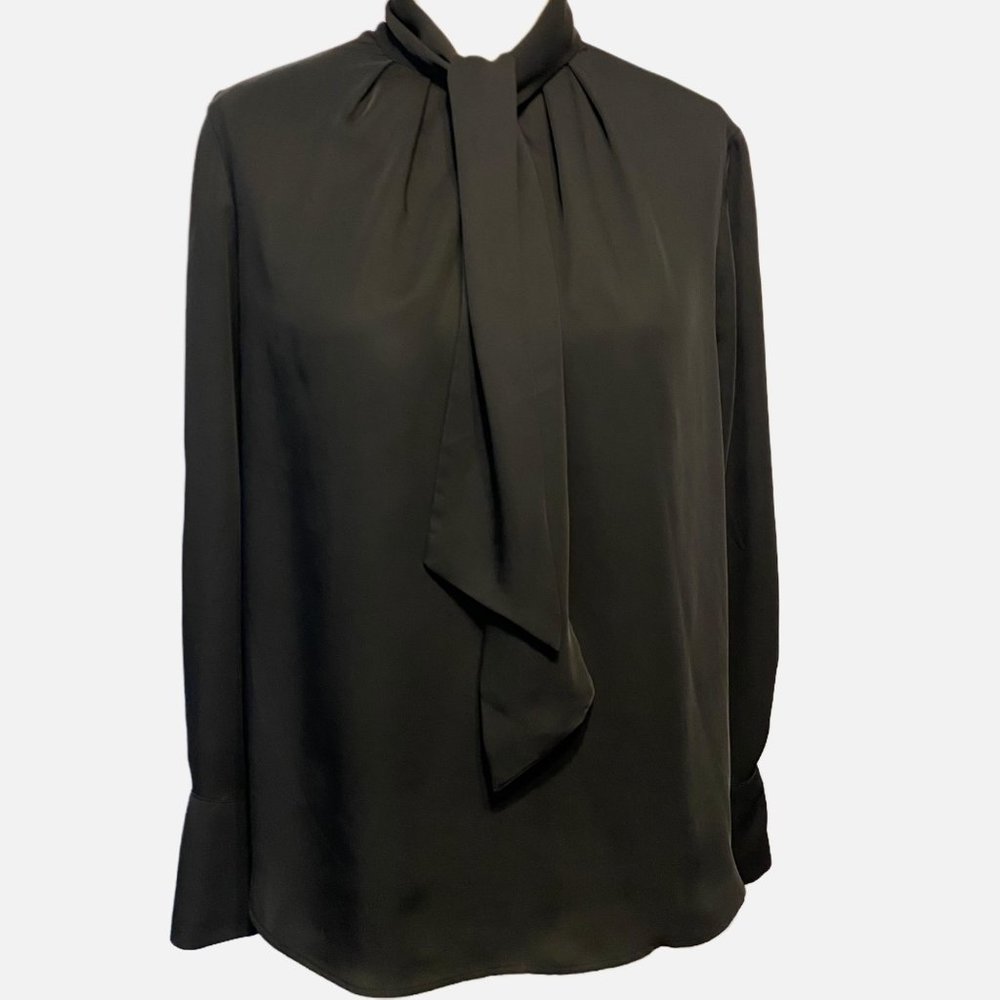 H&M Black Long Sleeve Blouse with Tie Neck 14 - Excellent Condition